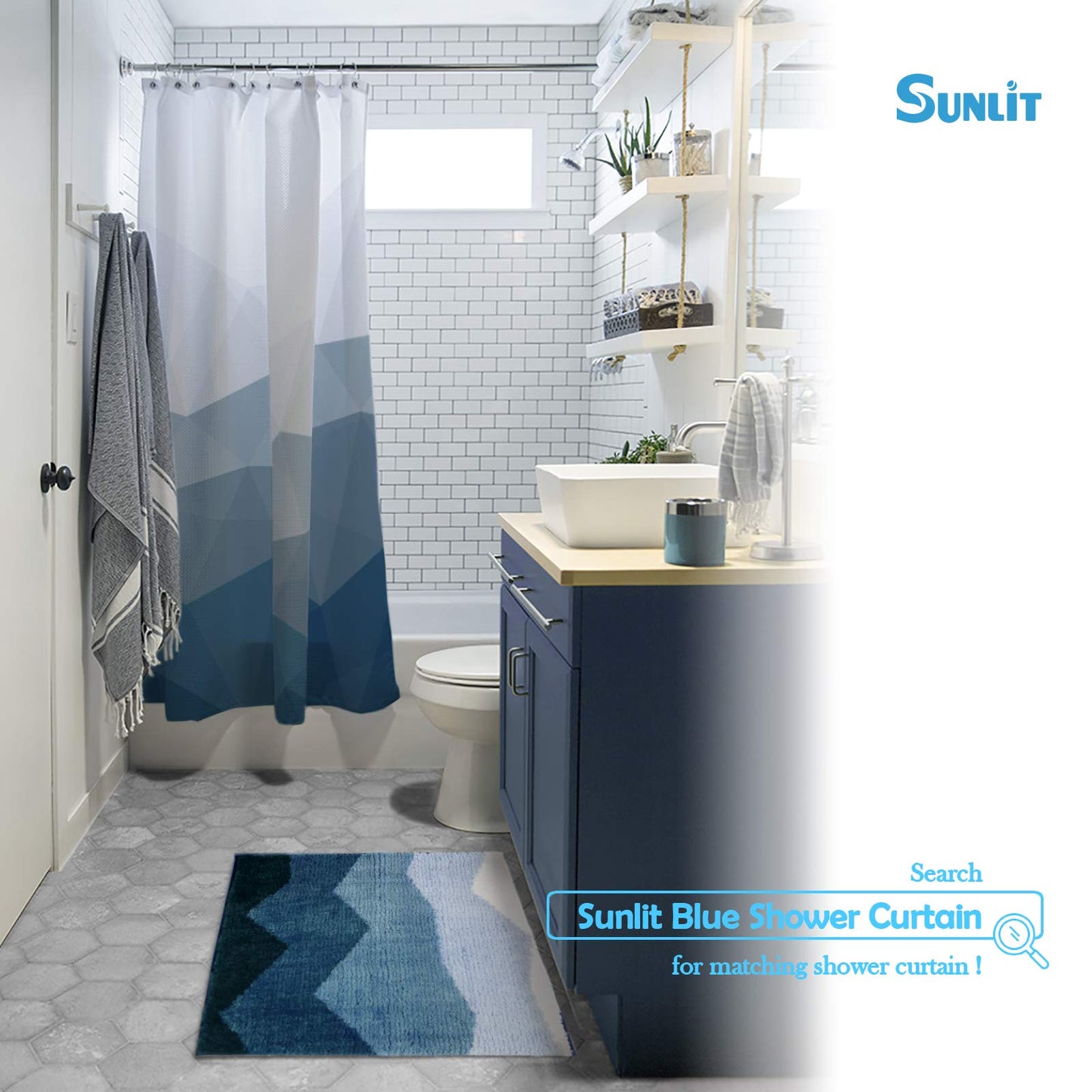 Sunlit 17"x24" Ombre Blue Bathroom Rug Non-Slip Absorbent Soft Bath Mat Set, Floor Mat Dry Fast Machine Washable.