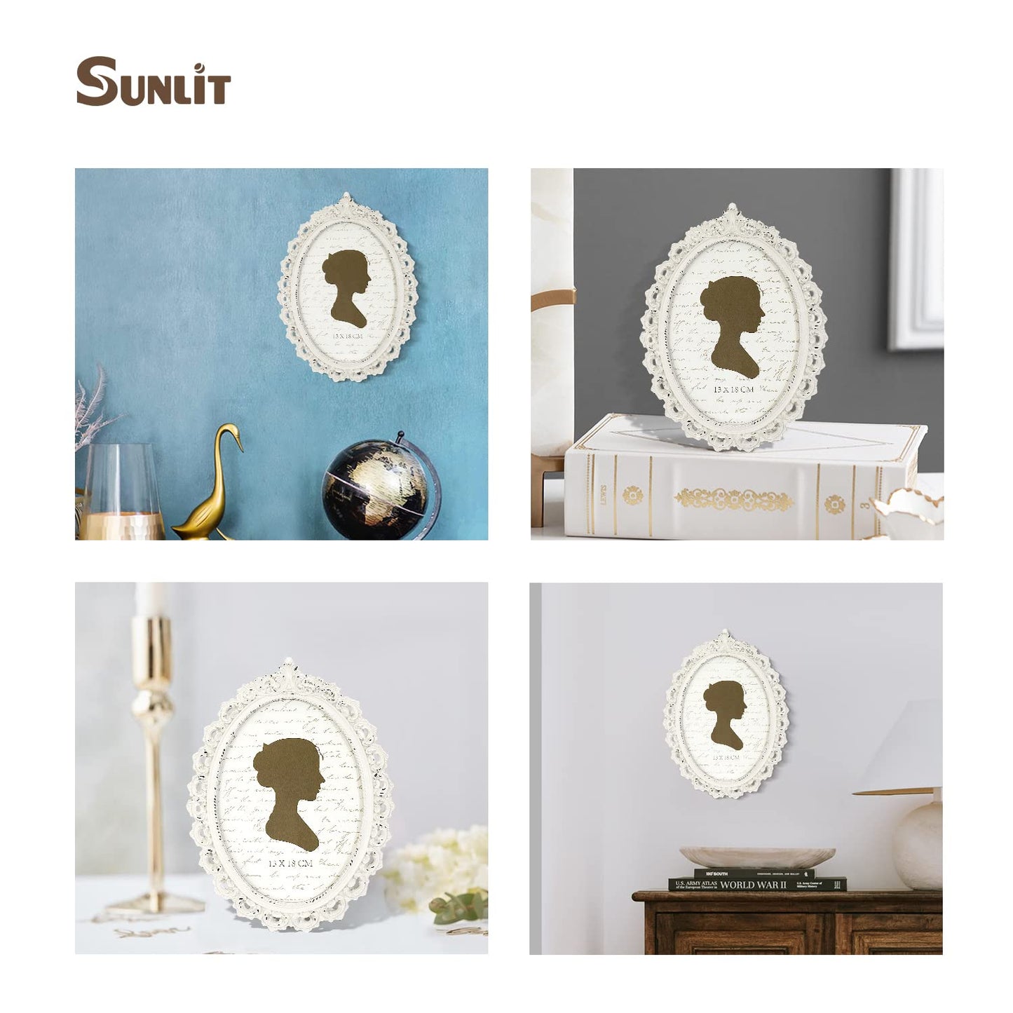 Sunlit Vintage Picture Frame 4x6 Inch, Oval Antique Photo Frames with Glass Front, Luxury Photo Display, Tabletop Wall Hanging, Gift Ideas, White