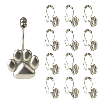 Sunlit Fashion Design Cute Paw Print Polished Double Shower Curtain Hooks for Dog Cat and Bear, Rust Proof Oil Rubbed Metal Shower Curtain Rings-12 Pack
