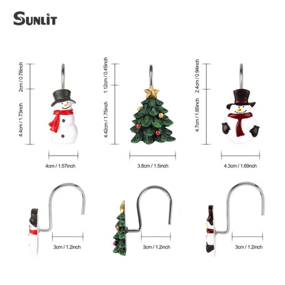 Sunlit Christmas Tree Snowman Decorative Shower Curtain Hooks, Green White Shower Curtain Rings, Resin, Xmas Theme Winter Holiday Bathroom Decoration, Set of 12