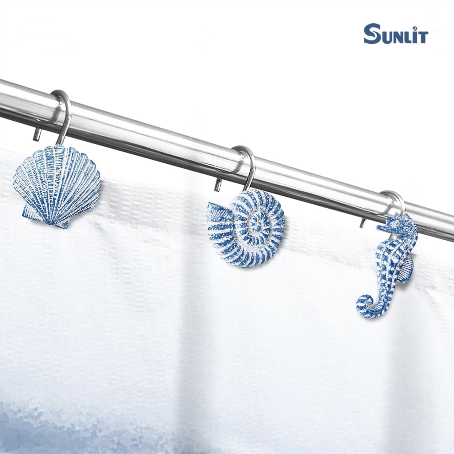 Sunlit Seashells Decorative Shower Curtain Hooks, Blue Ocean Creatures Coastal Shower Curtain Rings with Black Hooks, Resin, Nautical Bathroom Decoration Beach Shower Curtain Hooks, Set of 12