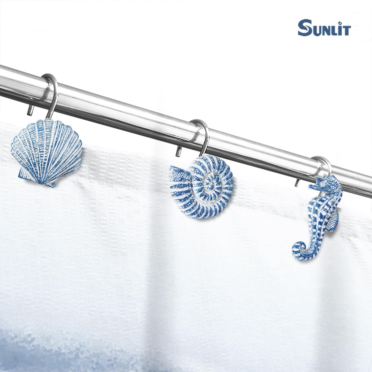 Sunlit Seashells Decorative Shower Curtain Hooks, Aqua Blue Ocean Creatures Coastal Shower Curtain Rings with Black Hooks, Resin, Nautical Bathroom Decoration Beach Shower Curtain Hooks, Set of 12