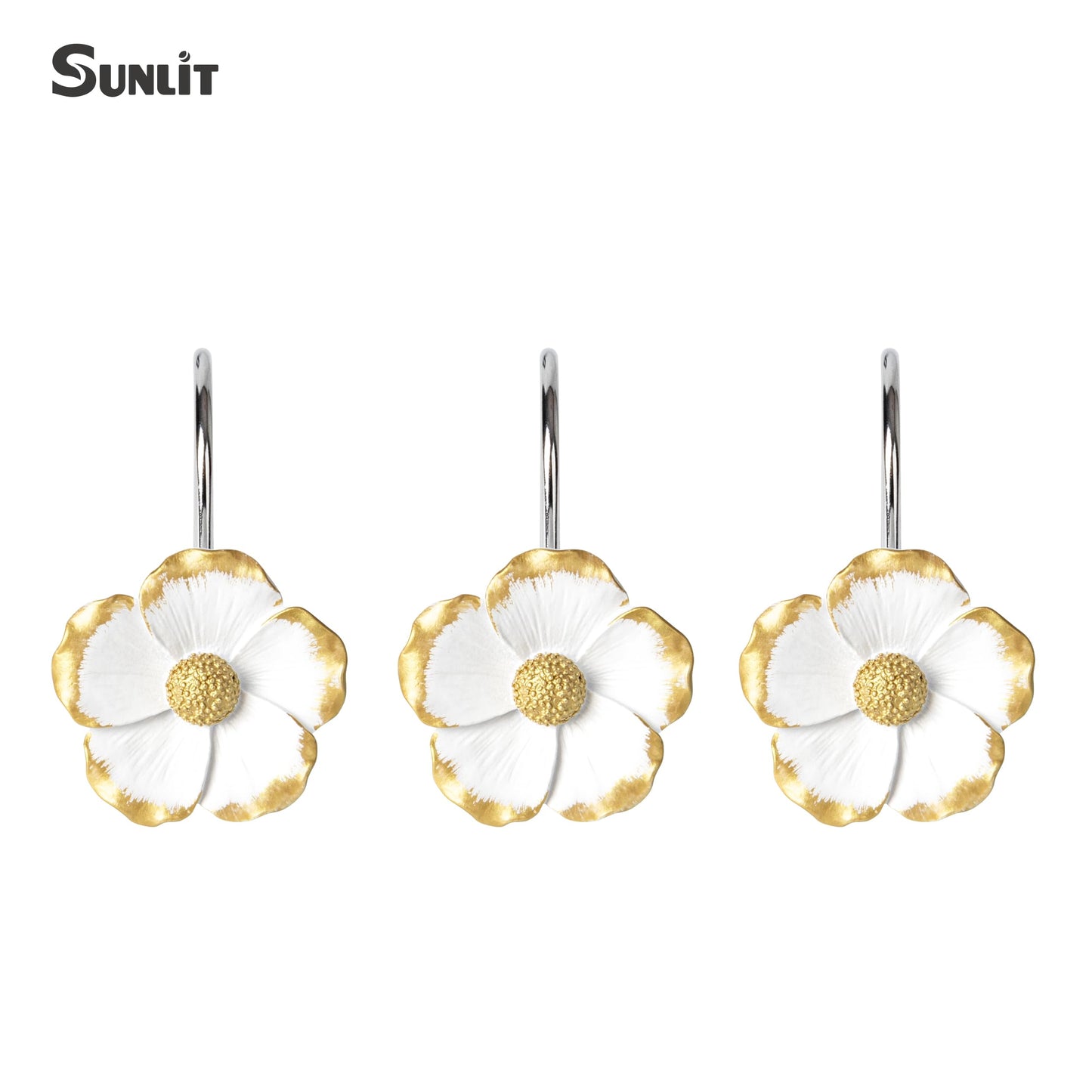 Sunlit Flower Shower Curtain Hooks, Home Decorative Shower Curtain Rings for Bathroom, Resin, White with Gold Edges Floral Shower Curtain Hanger Hooks for Living Room, Set of 12