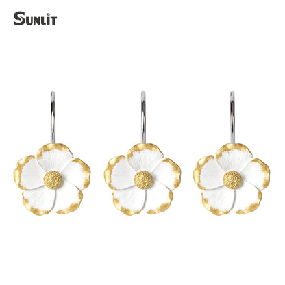 Sunlit Flower Shower Curtain Hooks, Home Decorative Shower Curtain Rings for Bathroom, Resin, White with Gold Edges Floral Shower Curtain Hanger Hooks for Living Room, Set of 12