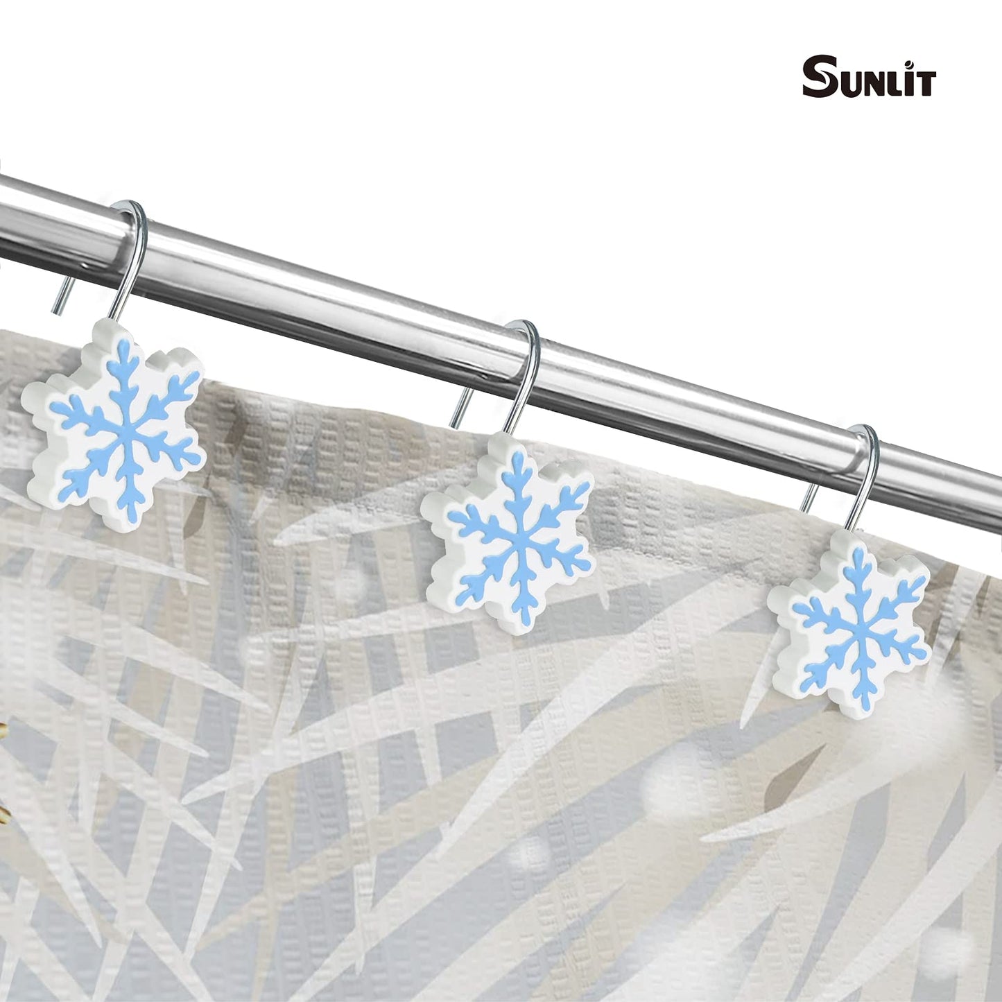 Sunlit Christmas Shower Curtain Hooks Silver Snowflakes Shower Curtain Rings, Resin, White Christmas Decor, Winter Bathroom Decoration - 12 Pack