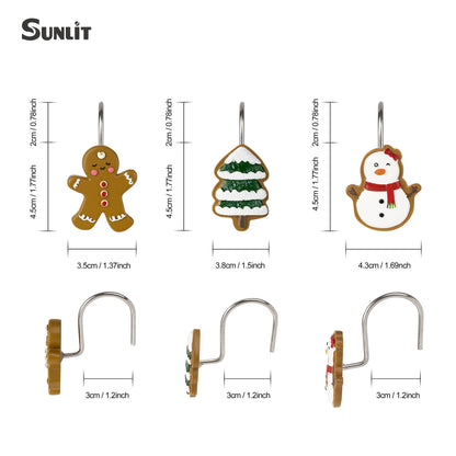 Sunlit Christmas Tree Snowman Decorative Shower Curtain Hooks, Green White Shower Curtain Rings, Resin, Xmas Theme Winter Holiday Bathroom Decoration, Set of 12