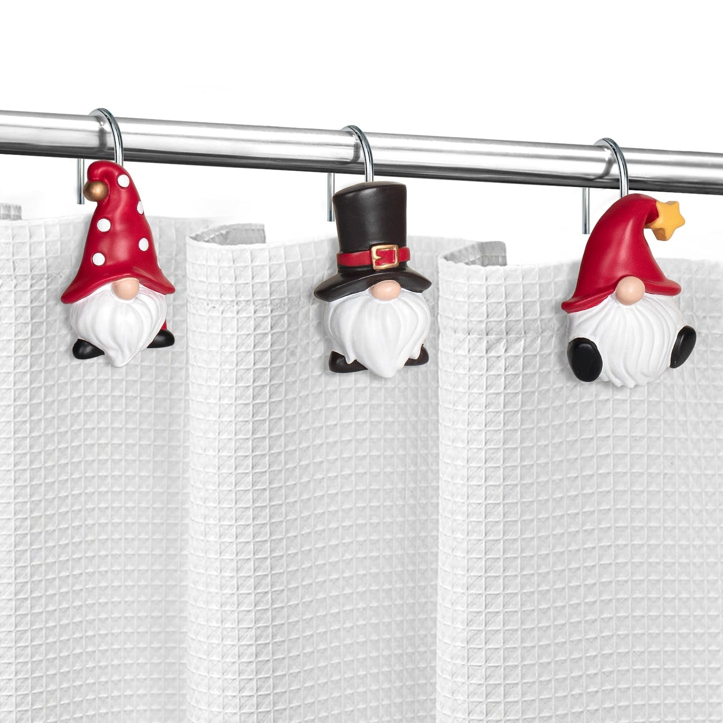 Sunlit Christmas Shower Curtain Hooks, Gnome Shower Curtain Rings, Hand Painted Resin Christmas Decor, Winter Bathroom Decoration, Red Hat with White Polka Dot, Set of 12
