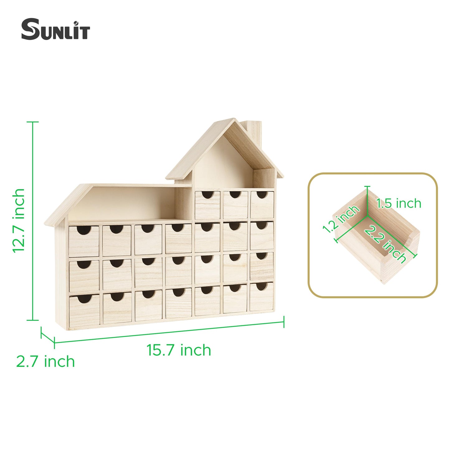 Sunlit Christmas Wooden Advent Calendar with Drawers, Unfinished Wooden, House Shaped Countdown Calendar Ready to Decorate and Personalize | Craft Storage Box | DIY Guru and Crafters