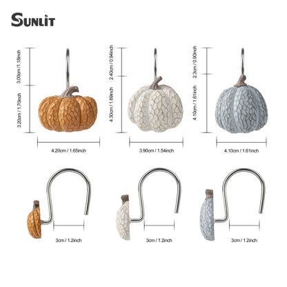 Sunlit Fall Pumpkin Decorative Shower Curtain Hooks, Autumn Harvest Festival Shower Curtain Rings, Resin, Orange Farmhouse Bathroom Curtain Hangers Decoration, Set of 12