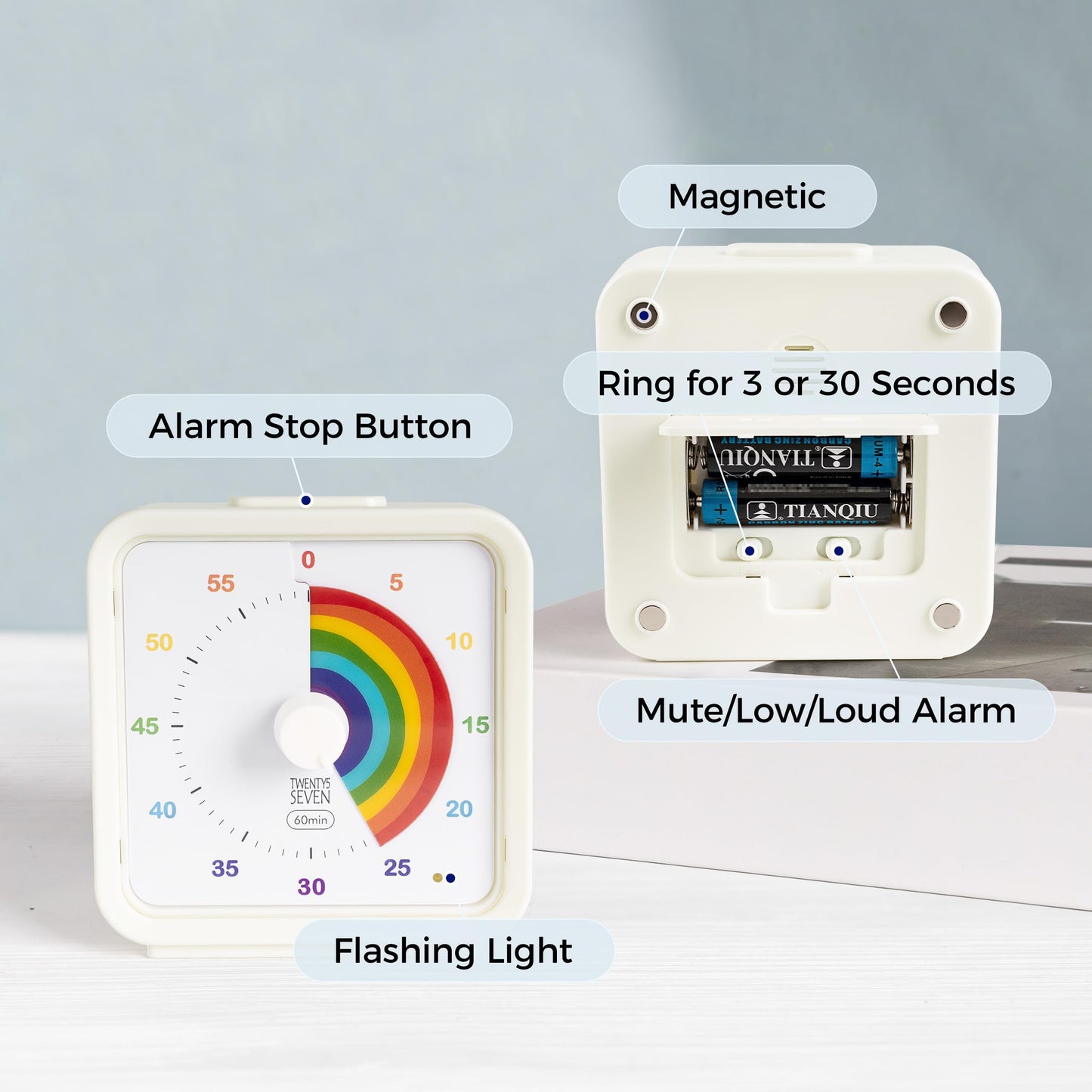 TWENTY5 SEVEN Countdown Timer, 60 Minute 1 Hour Silent Visual Timer, Magnetic Classroom Teaching Tool Office Meeting, Countdown Clock for Kids Time Management, Pastel Rainbow