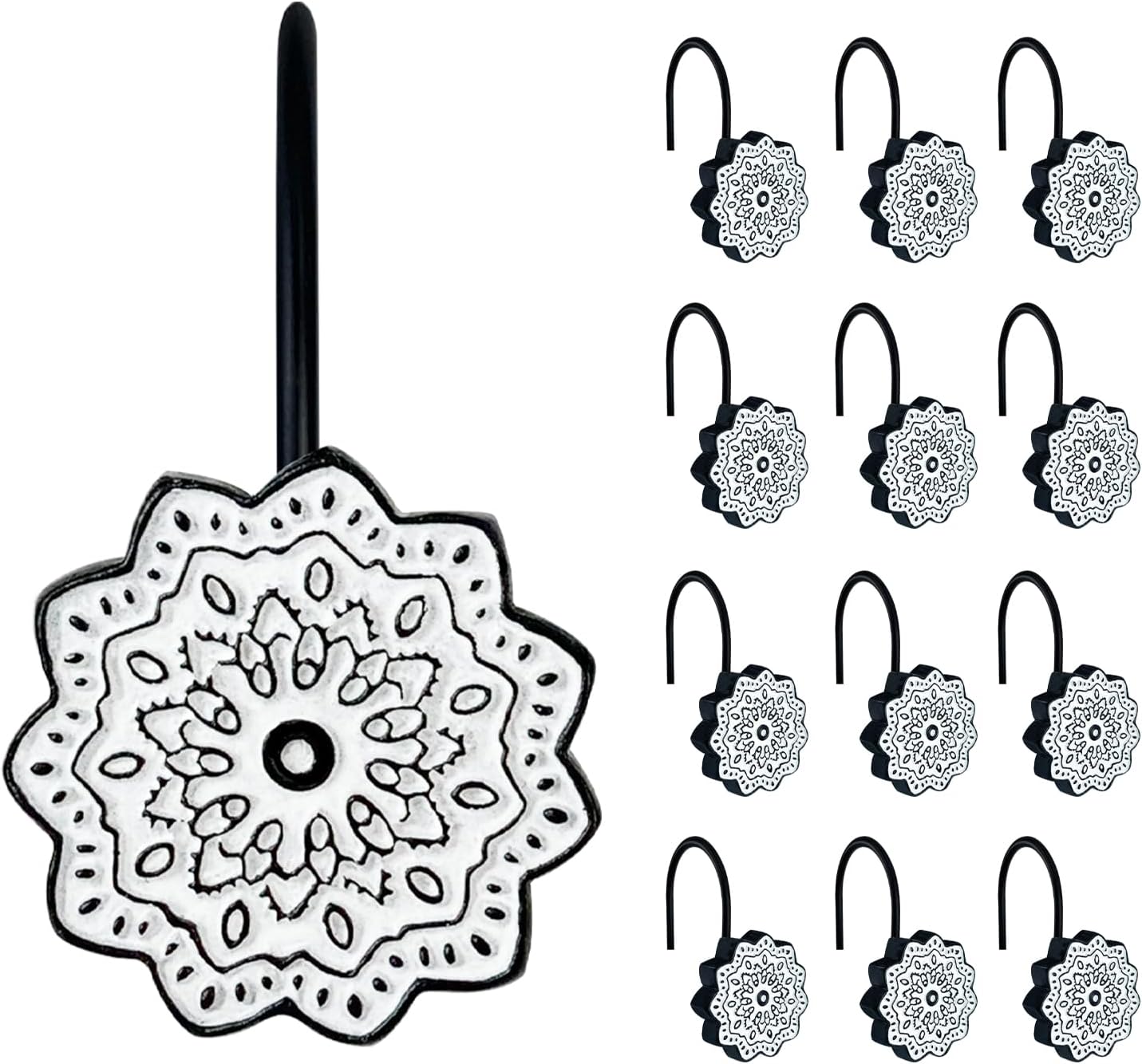 Sunlit Boho Decorative Shower Curtain Hooks, Medallion Black and White Shower Curtain Rings, Resin, Bathroom Decoration Boho Mandala Flower Shower Curtain Hooks-12 Pack