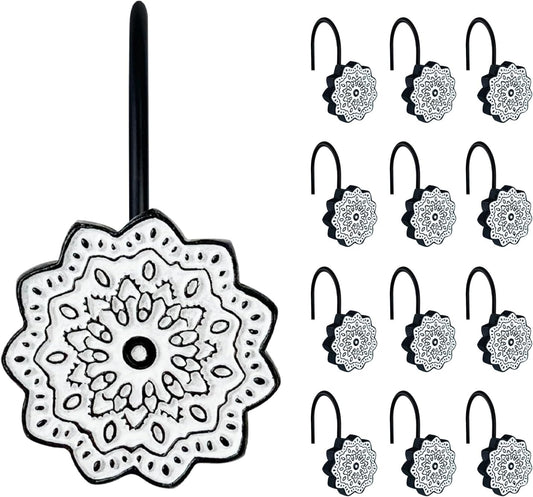 Sunlit Boho Decorative Shower Curtain Hooks, Medallion Black and White Shower Curtain Rings, Resin, Bathroom Decoration Boho Mandala Flower Shower Curtain Hooks-12 Pack