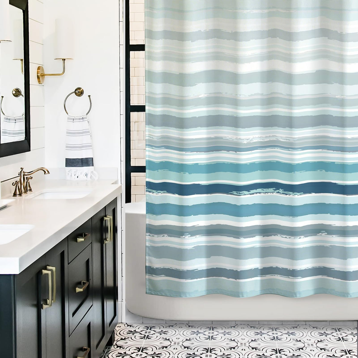 Sunlit Sunset Ombre Striped Shower Curtain, Blue and Orange Textured Slubbed Fabric Shower Curtain for Bathroom Decoration, Gradient Stripe Bathroom Curtain, 72x72