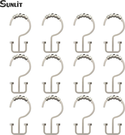 Sunlit Satin Nickel Double Shower Curtain Hooks, Home Decorative Shower Curtain Rings for Bathroom, Metal, Double Glide Shower Curtain Hanger Hooks for Living Room, Set of 12