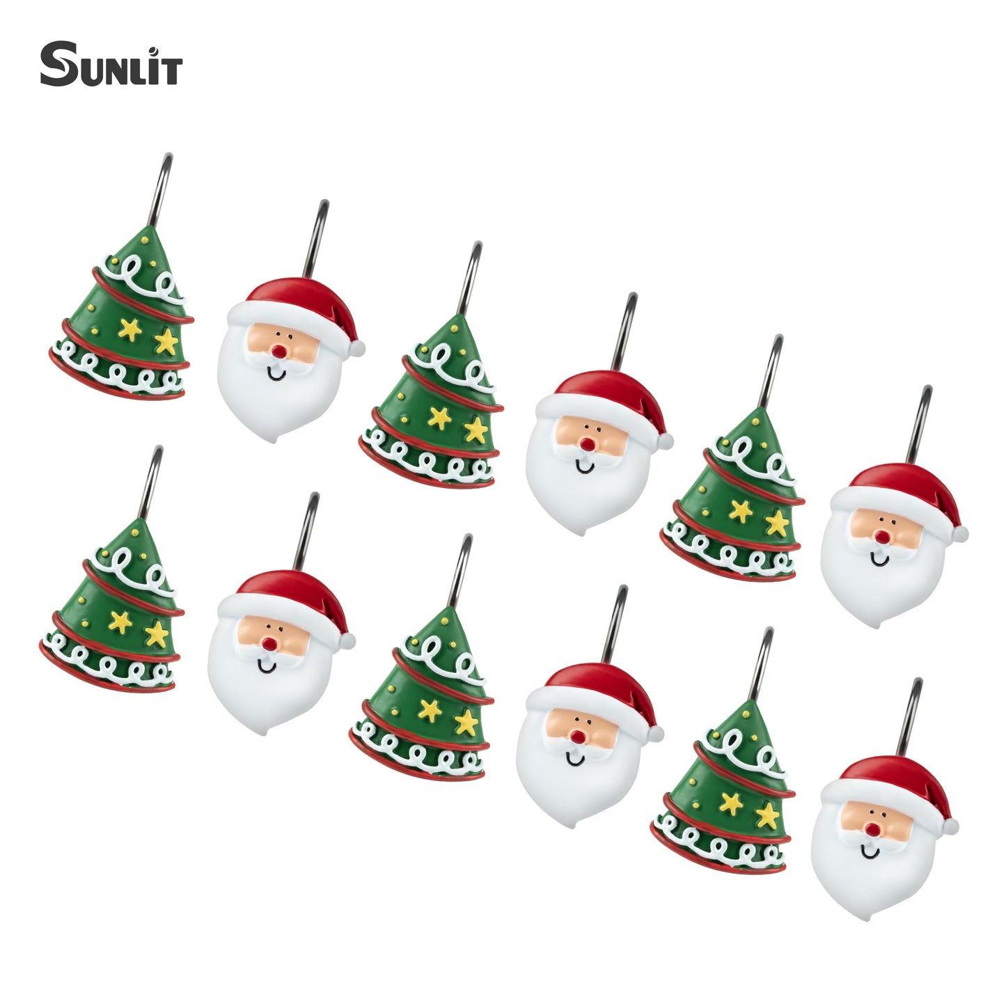 Sunlit Merry Christmas Shower Curtain Hooks Smiling Santa Claus Shower Curtain Rings, Resin, Christmas Decor, Winter Bathroom Decoration - 12 Pack