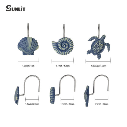 Sunlit Seashells Decorative Shower Curtain Hooks, Blue Scallop Nautilus & Sea Turtle Shower Curtain Rings, Resin, Nautical Bathroom Decoration Beach Shower Curtain Hooks-12 Pack