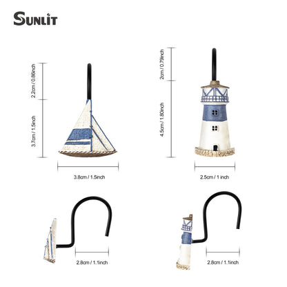 Sunlit Nautical Shower Curtain Hooks, Home Decorative Coastal Shower Curtain Rings for Bathroom, Resin, Ocean Shower Curtain Hanger Hooks for Living Room, Set of 12, Blue Lighthouse Sailboat