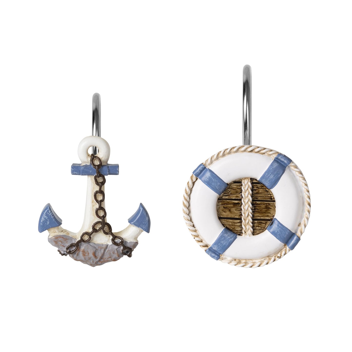 Sunlit Nautical Shower Curtain Hooks, Home Decorative Coastal Shower Curtain Rings for Bathroom, Resin, Ocean Shower Curtain Hanger Hooks for Living Room, Set of 12, Blue Lighthouse Sailboat