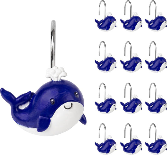 Sunlit Whales Shower Curtain Hooks, Nautical Home Decorative Shower Curtain Rings, Hand-Painted Resin, Cute Ocean Shower Curtain Hanger Hooks for Kids Bathroom, Set of 12