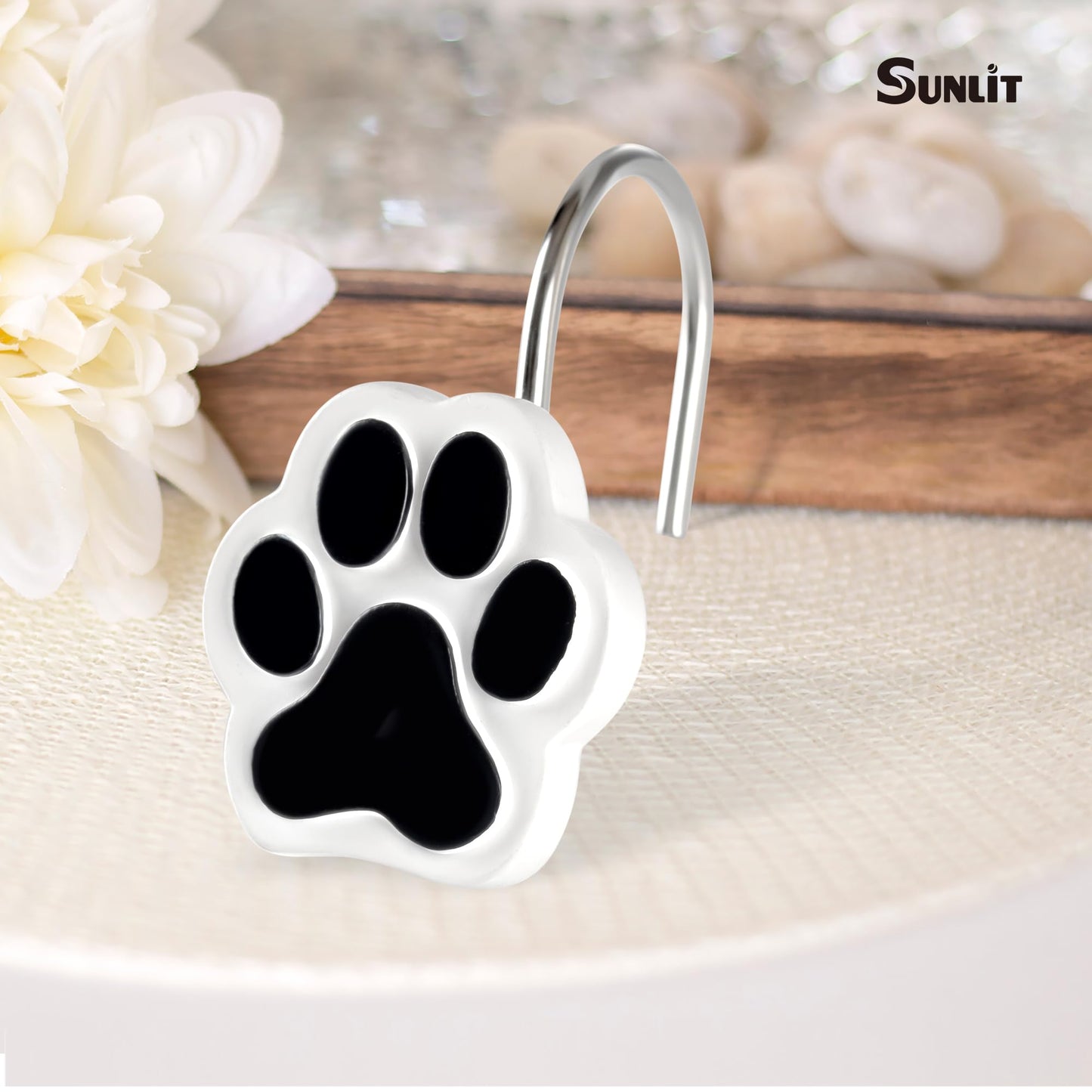 Sunlit Cute Paw Print Decorative Shower Curtain Hooks for Dog Cat Bear, Resin, Lovely Shower Curtain Rings with Black Hooks for Kids, Bathroom Decoration Curtain Hangers, 12 Pack, Black and White