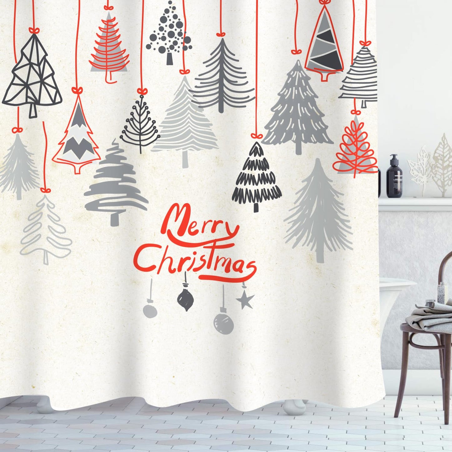 Sunlit Geometric Modern Design Christmas Shower Curtain Christmas Tree Bathroom Home Office Holiday Wall Decoration as Tapestry and Photo Booth Backdrop Red Green White Printed