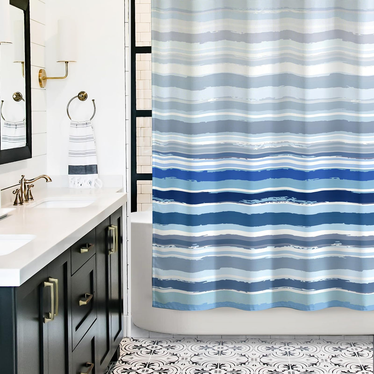 Sunlit Sunset Ombre Striped Shower Curtain, Blue and Orange Textured Slubbed Fabric Shower Curtain for Bathroom Decoration, Gradient Stripe Bathroom Curtain, 72x72
