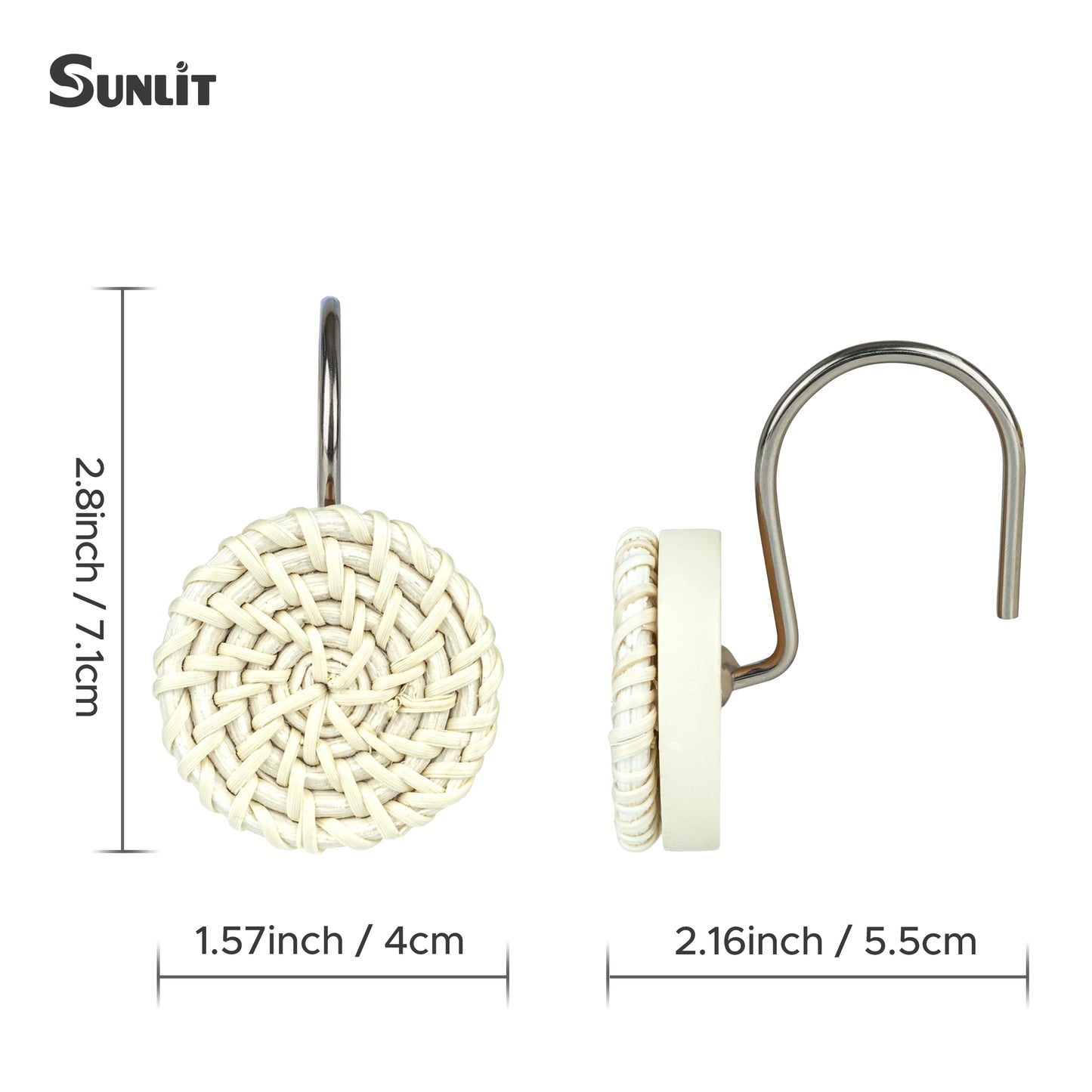 Sunlit Boho Decorative Shower Curtain Hooks, Woven Wicker Ratten Beige Shower Curtain Rings for Bathroom, Farmhouse Shower Curtain Hangers Bathroom Accessories, Set of 12