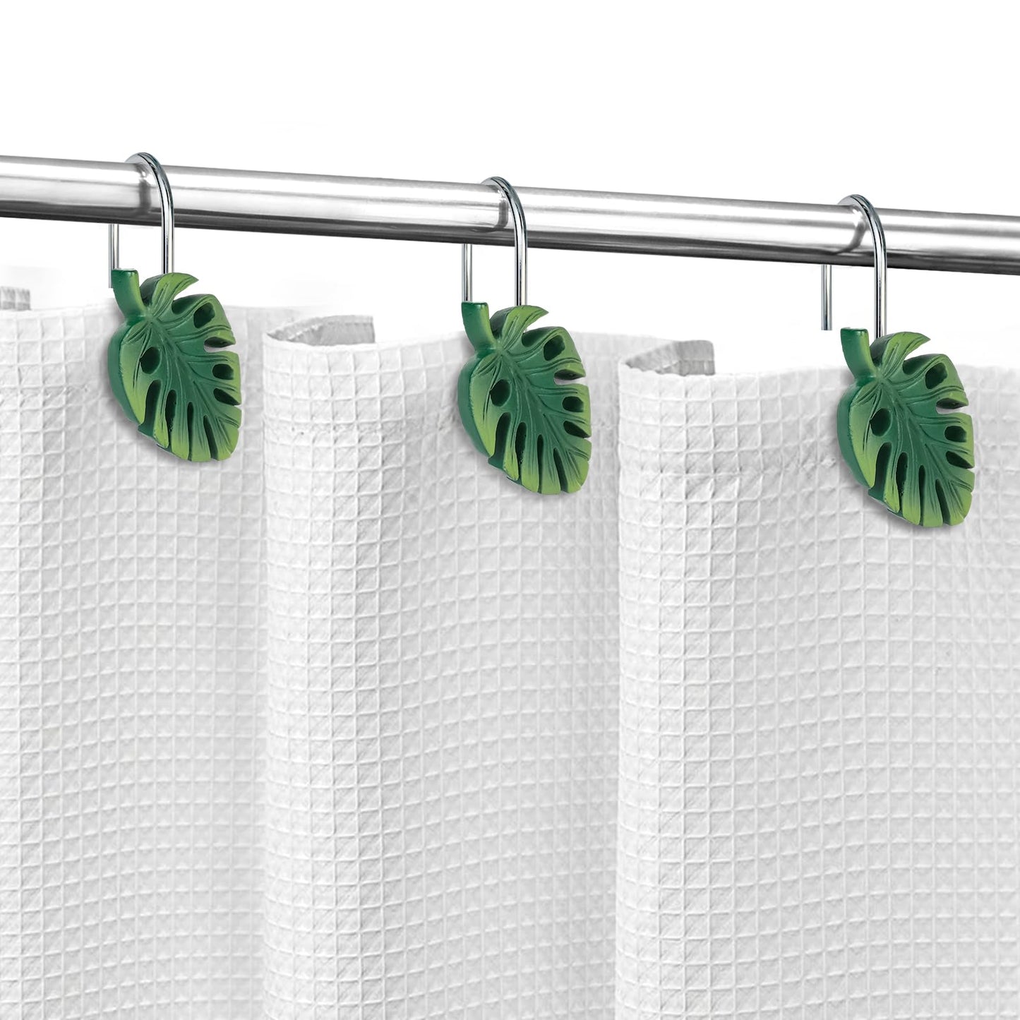 Tropical Leaf Decorative Shower Curtain Hooks, Green Botanical Shower Curtain Rings with Black Hooks, Resin, Monstera Deliciosa Leaves Shower Curtain Hangers for Bathroom, Set of 12