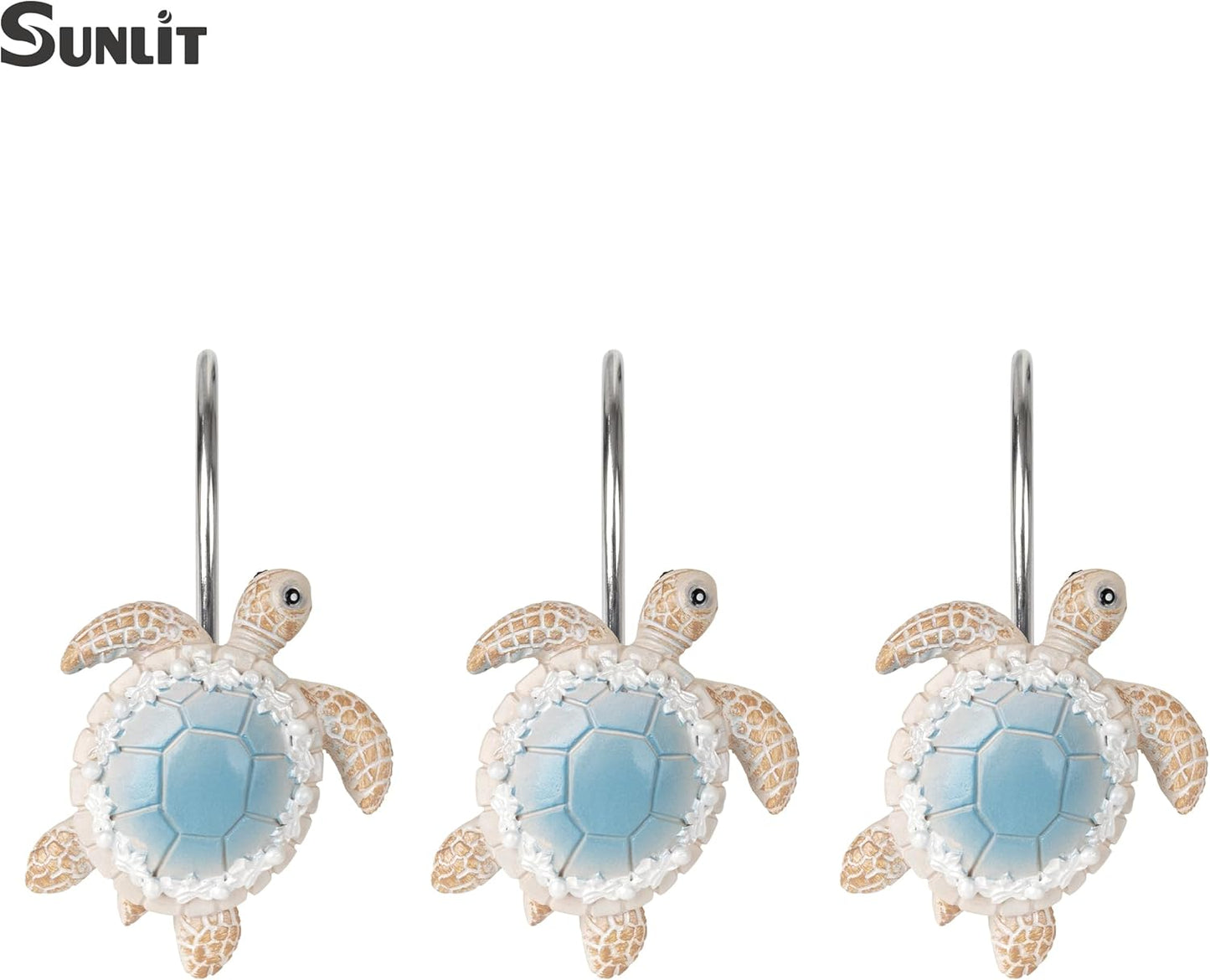 Sunlit Sea Turtle Shower Curtain Hooks with Pearl Accents, Nautical Home Decorative Shower Curtain Rings, Hand-Painted Resin, Cute Ocean Shower Curtain Hanger Hooks for Kids Bathroom, Set of 12