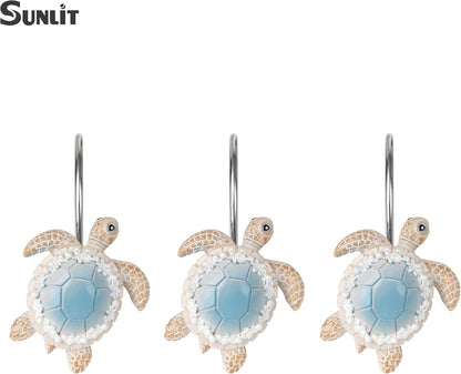 Sunlit Sea Turtle Shower Curtain Hooks with Pearl Accents, Nautical Home Decorative Shower Curtain Rings, Hand-Painted Resin, Cute Ocean Shower Curtain Hanger Hooks for Kids Bathroom, Set of 12