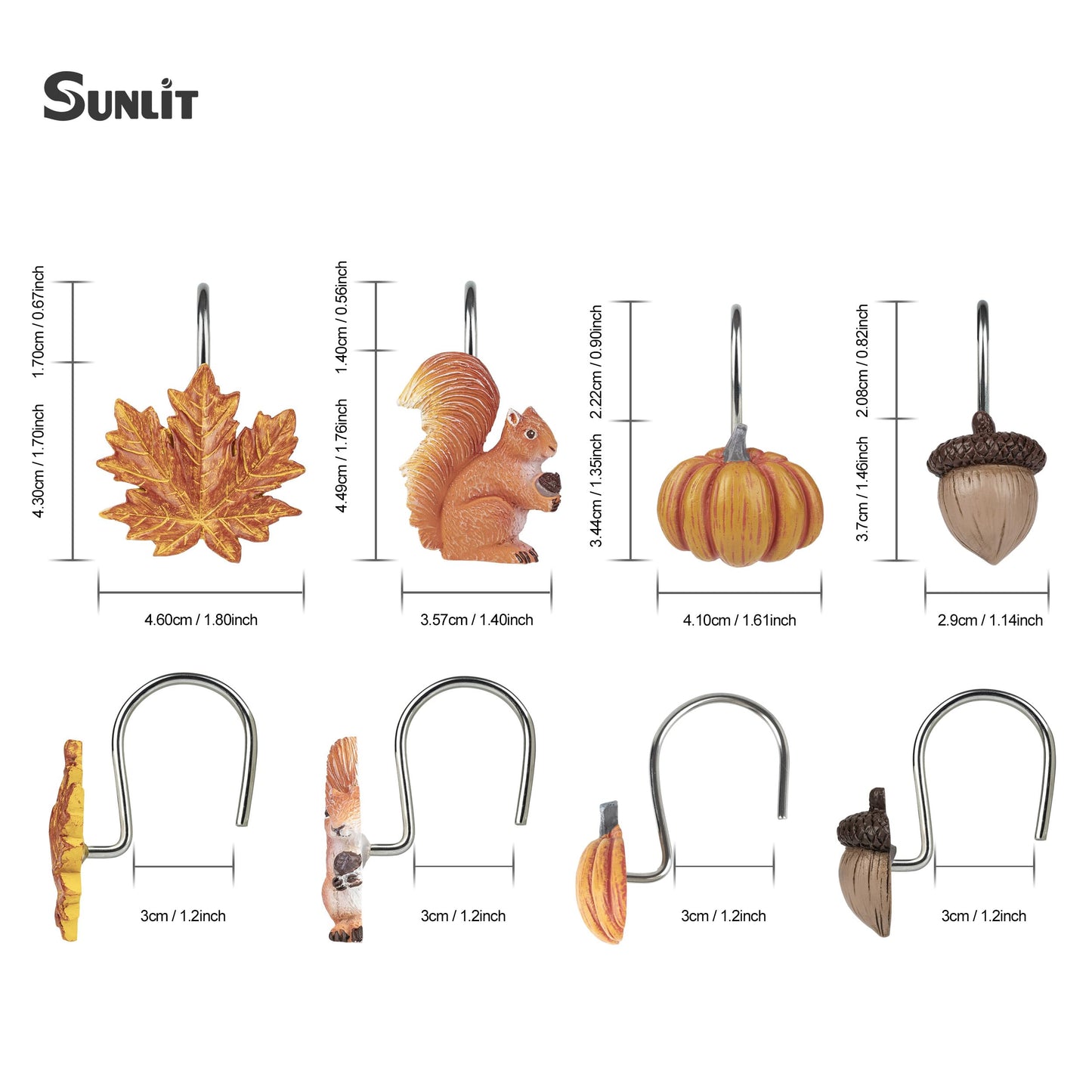 Sunlit Maple Leaf Shower Curtain Hooks for Fall Autumn, Home Decorative Shower Curtain Rings for Bathroom, Resin, Orange Red Maple Leaves Shower Curtain Hangers Hooks Bath Accessories, Set of 12