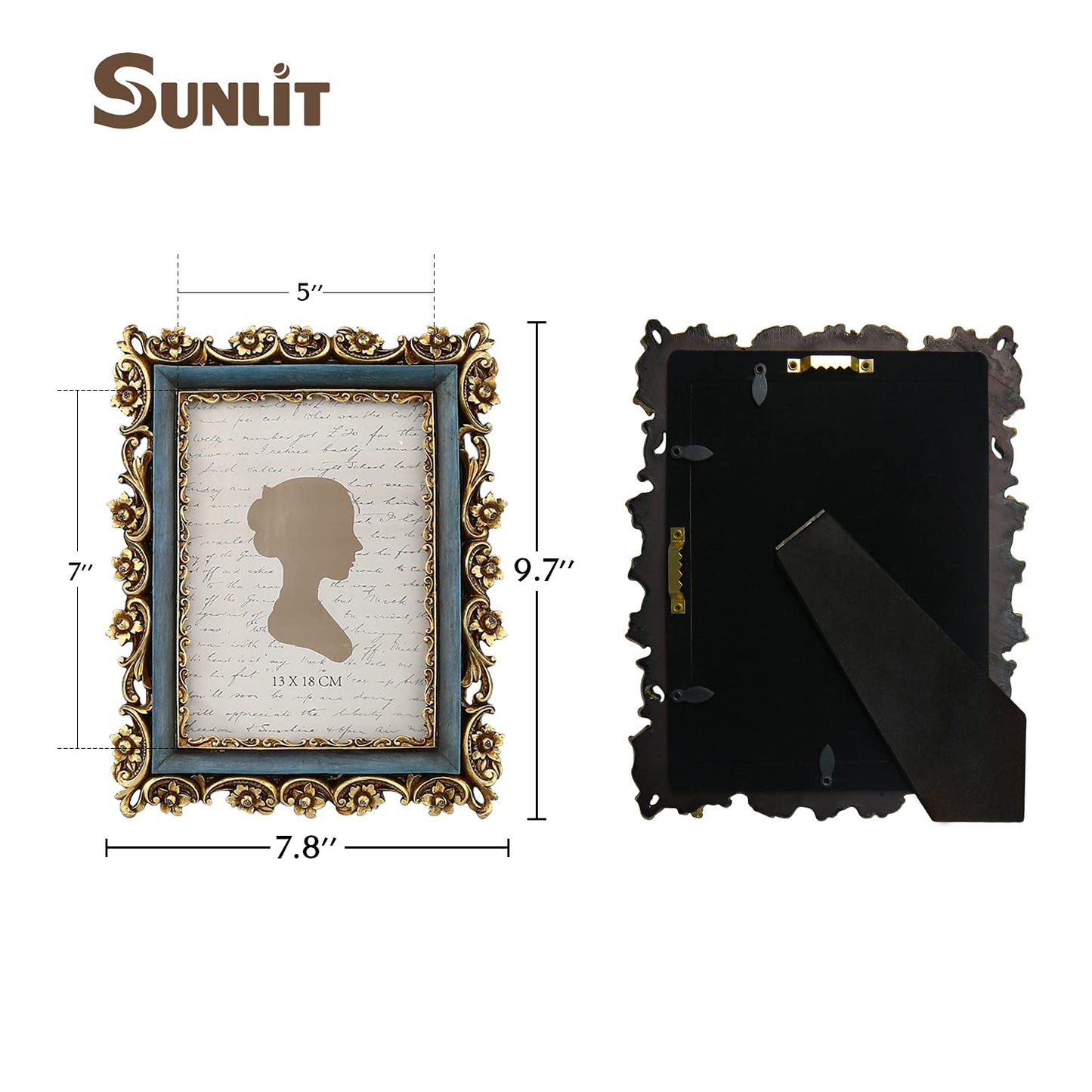 Sunlit Vintage Picture Frame 5x7 Inch, Luxury Antique Photo Frames with Glass Front, Photo Display, Tabletop Wall Hanging, Gift Ideas, Gold and Brown