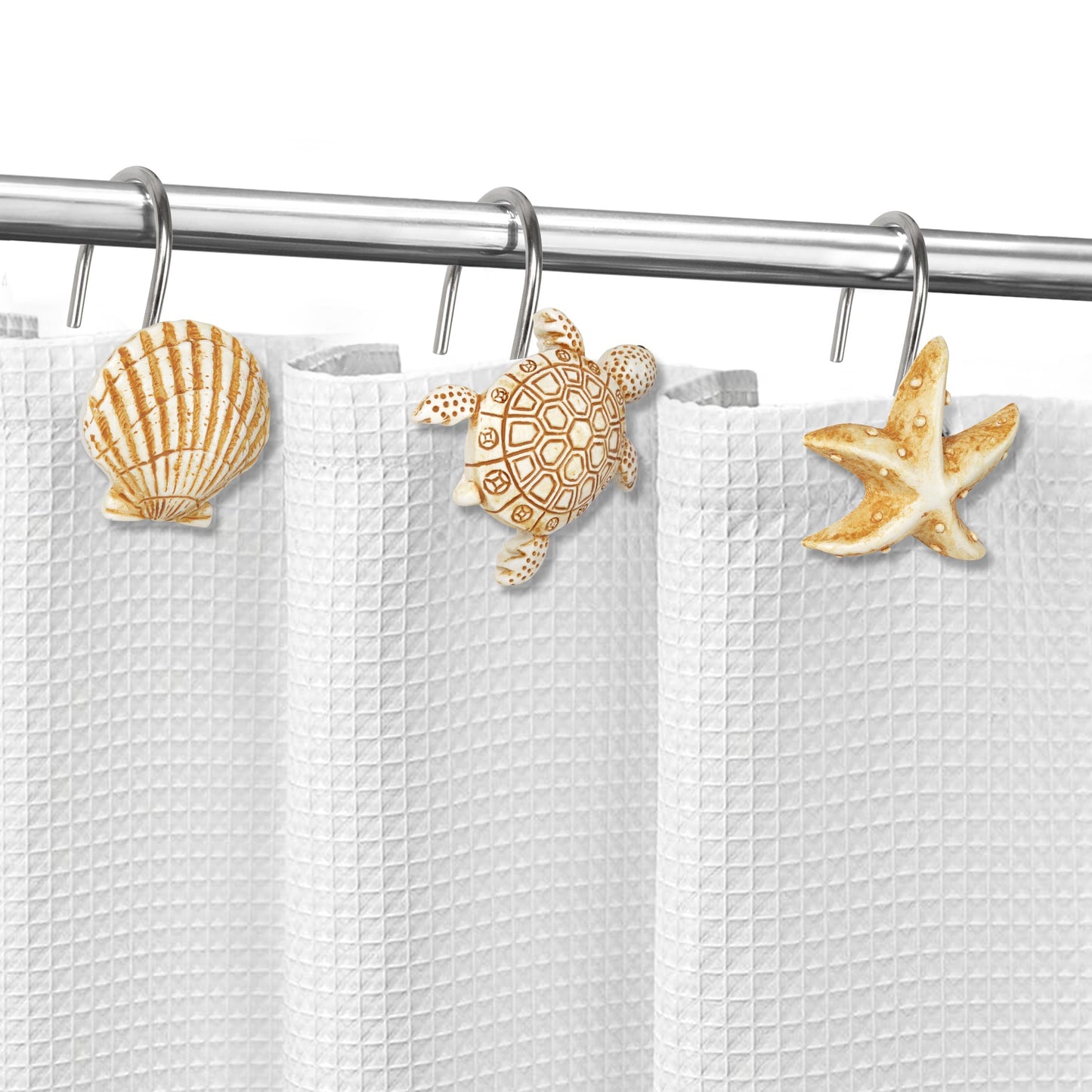 Sunlit Seashells Decorative Shower Curtain Hooks, Scallop Nautilus & Seahorse Shower Curtain Rings, Seashell Blush, Resin, Nautical Bathroom Decoration Beach Shower Curtain Hooks-12 Pack