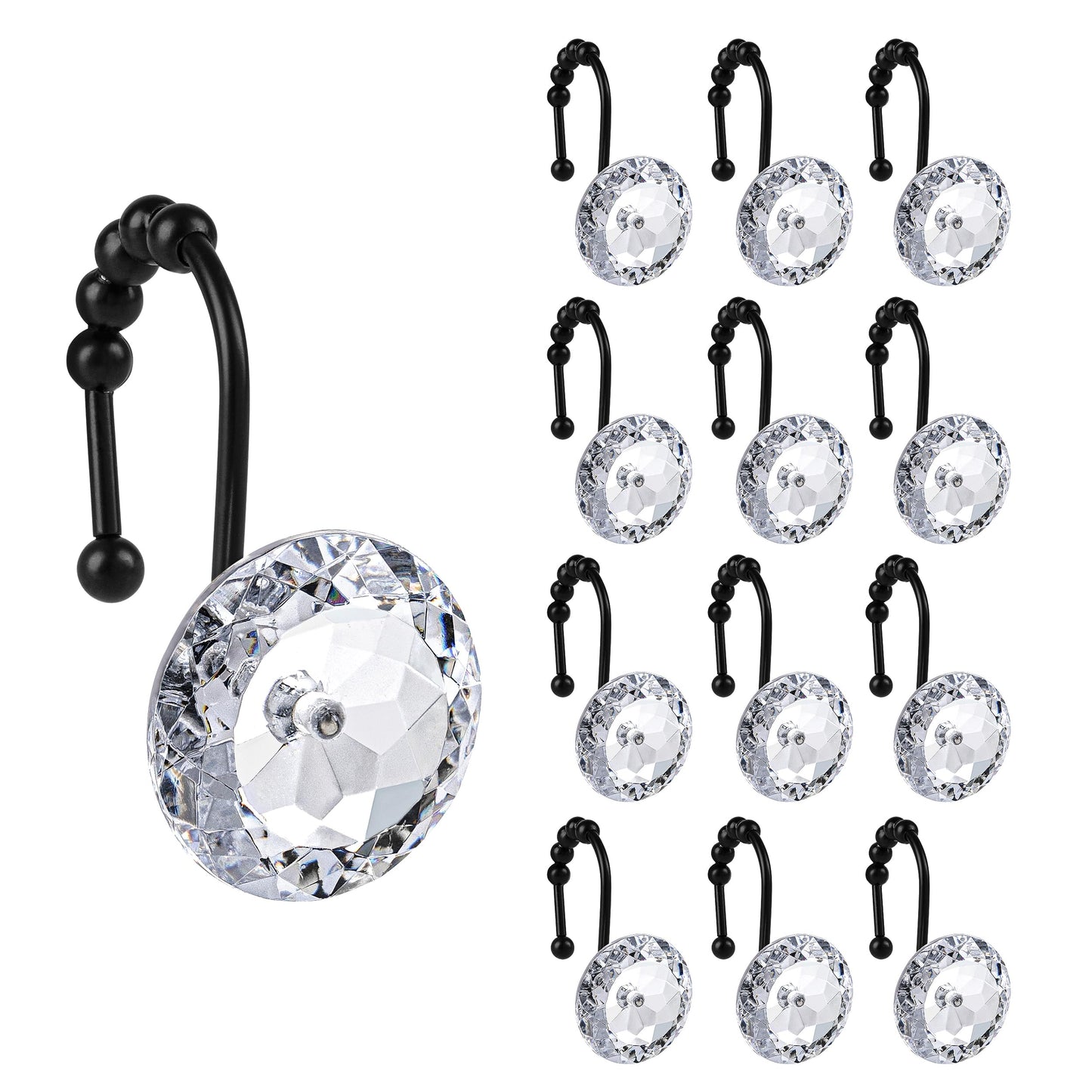 Sunlit Luxury Design Round Clear Diamond Crystal Gem Bling with Glide Balls Double Shower Curtain Hooks, Rust Proof Metal Rhinestones Glam Shower Curtain Rings-12 Pack