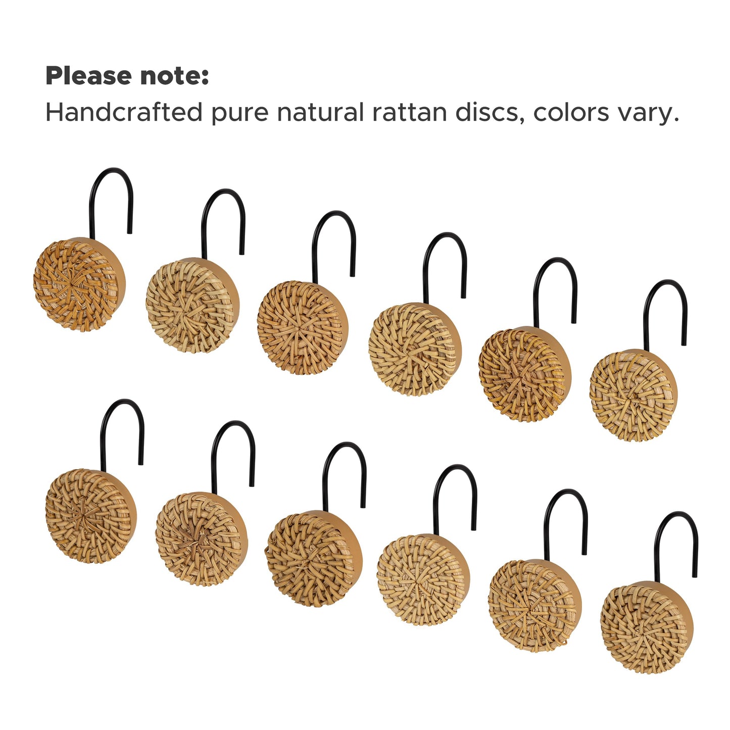 Sunlit Boho Decorative Shower Curtain Hooks, Woven Wicker Ratten Beige Shower Curtain Rings for Bathroom, Farmhouse Shower Curtain Hangers Bathroom Accessories, Set of 12
