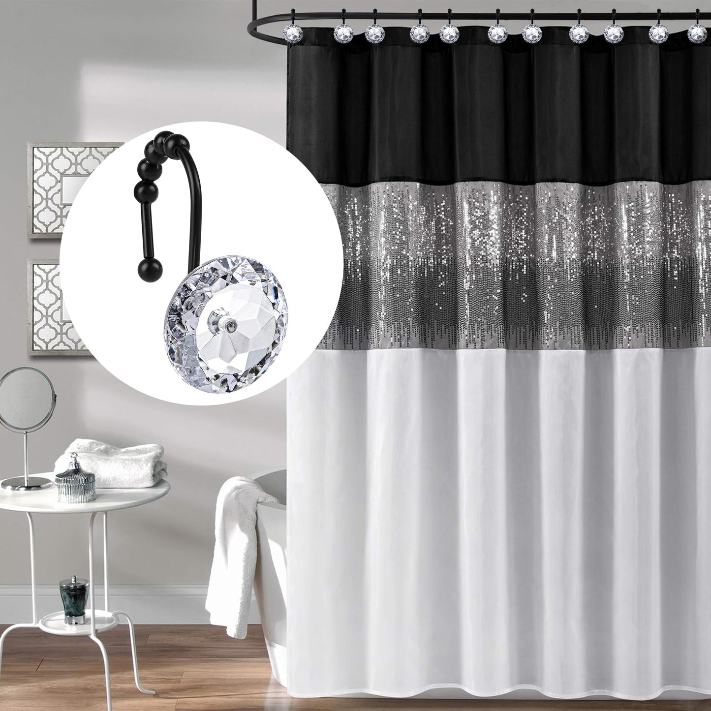 Sunlit Luxury Design Round Yellow Diamond Crystal Gem Bling with Glide Balls Shower Curtain Hooks, Rust Proof Metal Rhinestones Glam Shower Curtain Rings-12 Pack