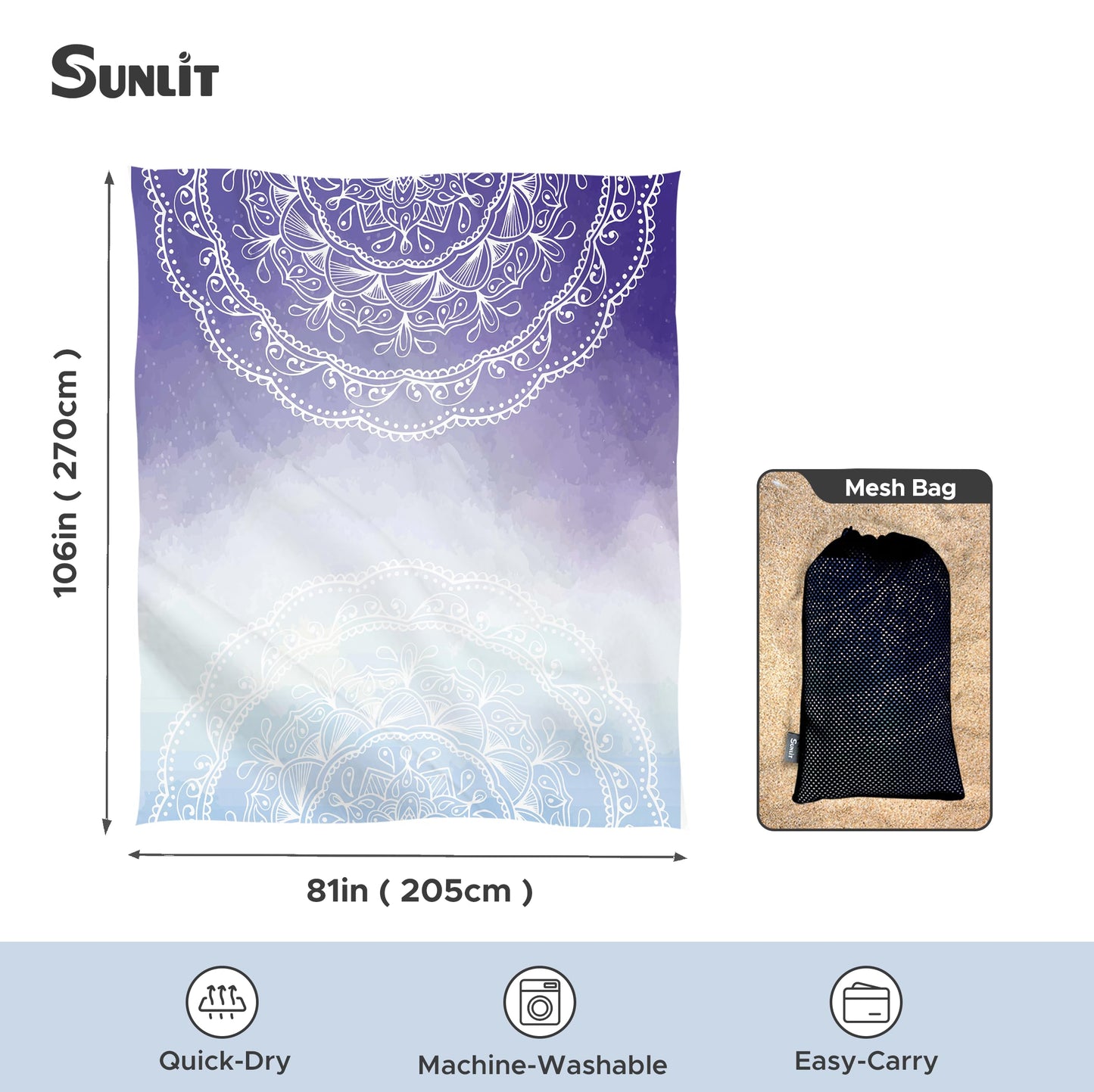 Sunlit Silky Soft Sand Proof Beach Blanket 106"x81" / 85"x72" Sand Proof Mat with Corner Pockets and Mesh Bag for Beach Party, Travel, Camping and Outdoor Music Festival, Mandala