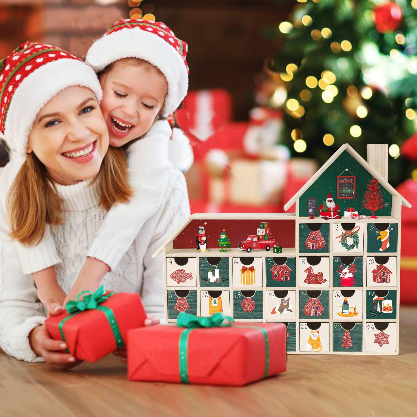 Sunlit Christmas Wooden Advent Calendar with Drawers, Unfinished Wooden, House Shaped Countdown Calendar Ready to Decorate and Personalize | Craft Storage Box | DIY Guru and Crafters