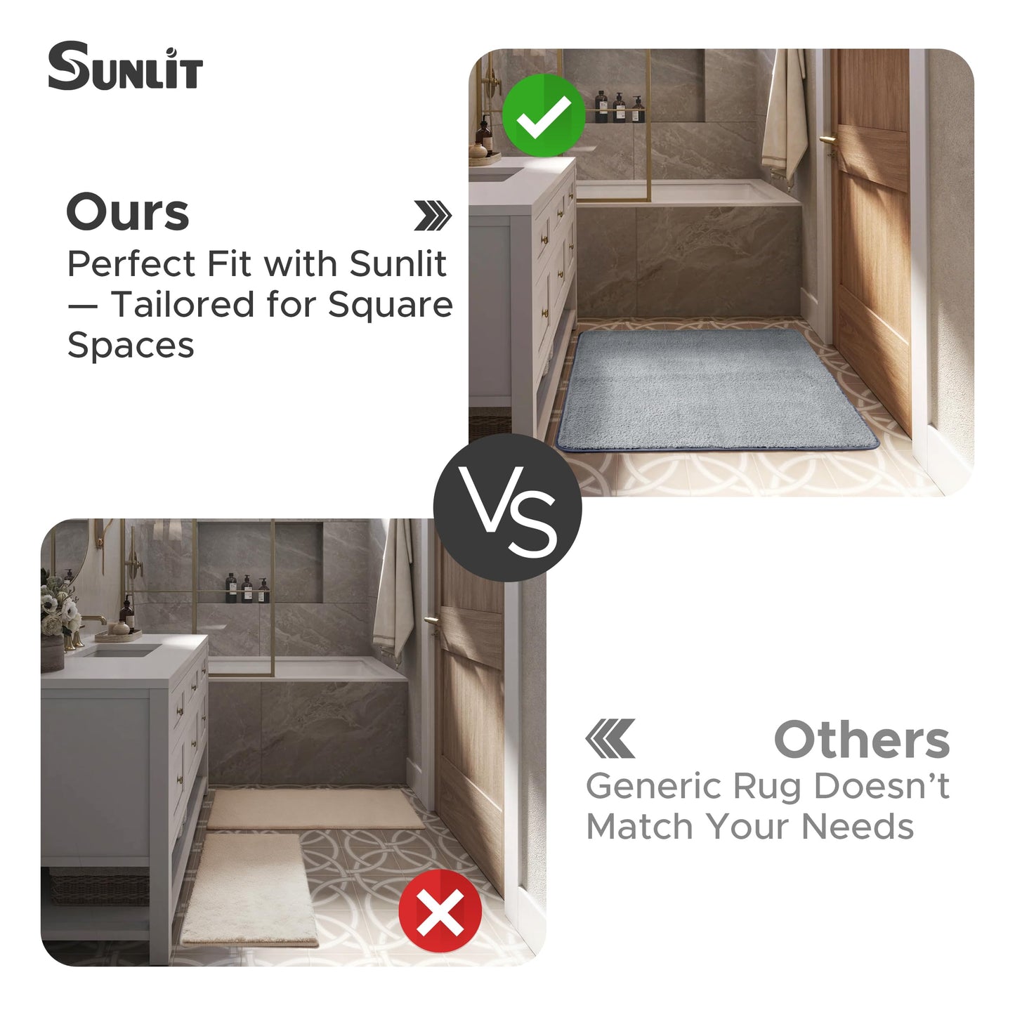 Sunlit Square Bathroom Rug 32x32, Soft Super Absorbent Bath Mat Quick Dry, Washable Bathroom Mat, Non-Slip Square Bath Rug, Cozy Shower Rugs Bathmat, Gray