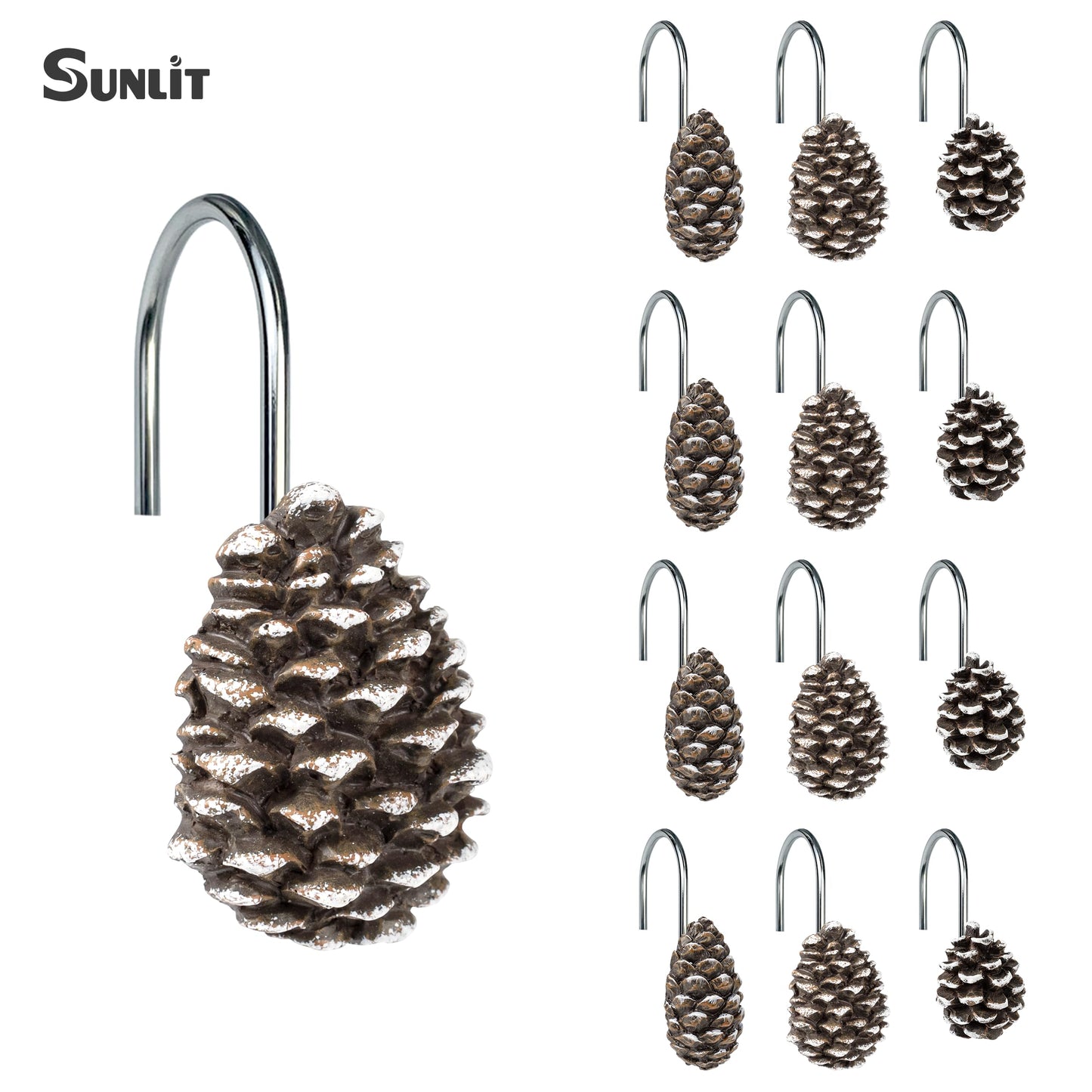 Sunlit Pinecone Decorative Shower Curtain Hooks, Brown Pine Cone Shower Curtain Rings, Resin, Winter Christmas Theme Bathroom Decoration, Set of 12