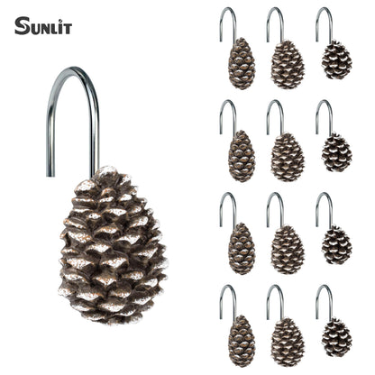 Sunlit Pinecone Decorative Shower Curtain Hooks, Brown Pine Cone Shower Curtain Rings, Resin, Winter Christmas Theme Bathroom Decoration, Set of 12