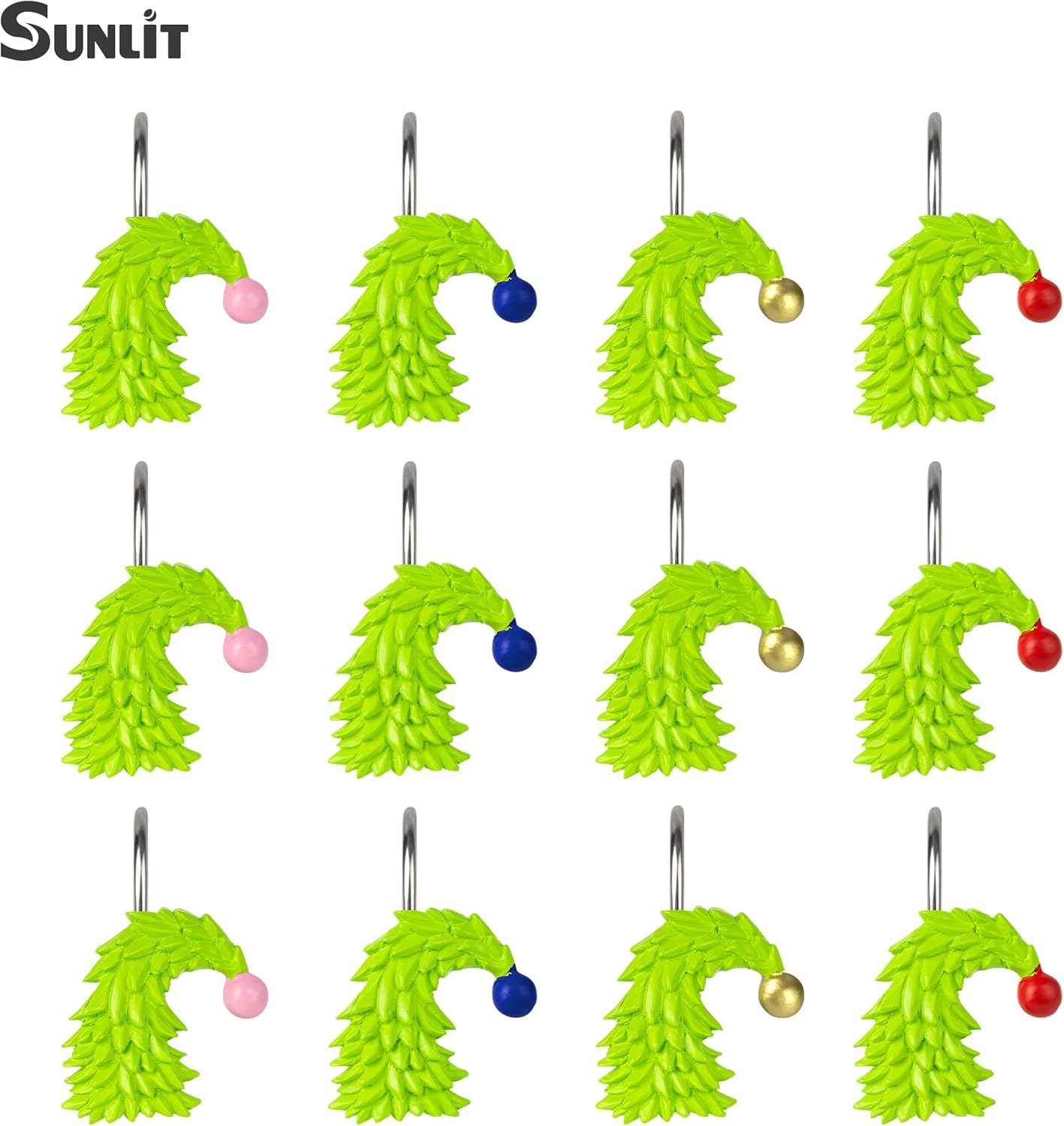 Sunlit Christmas Tree Decorative Shower Curtain Hooks with Festive Ball Ornaments, Lime Green Shower Curtain Rings, Resin, Xmas Theme Winter Holiday Bathroom Decoration, Set of 12