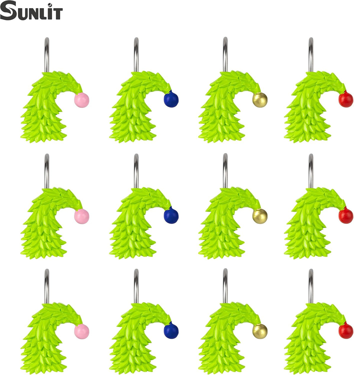 Sunlit Christmas Tree Decorative Shower Curtain Hooks with Festive Ball Ornaments, Lime Green Shower Curtain Rings, Resin, Xmas Theme Winter Holiday Bathroom Decoration, Set of 12