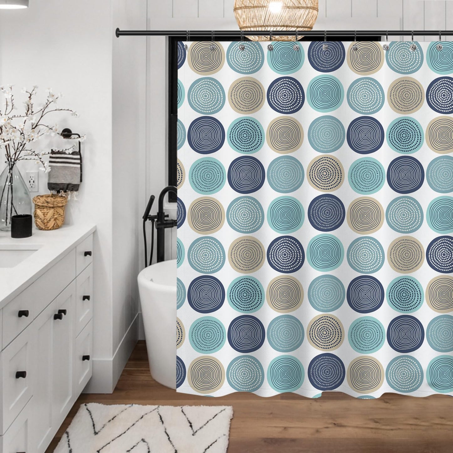 Sunlit Abstract Tree Rings Woody Artistic Fabric Shower Curtain. Nature Pale Blue Teal Beige Light Brown