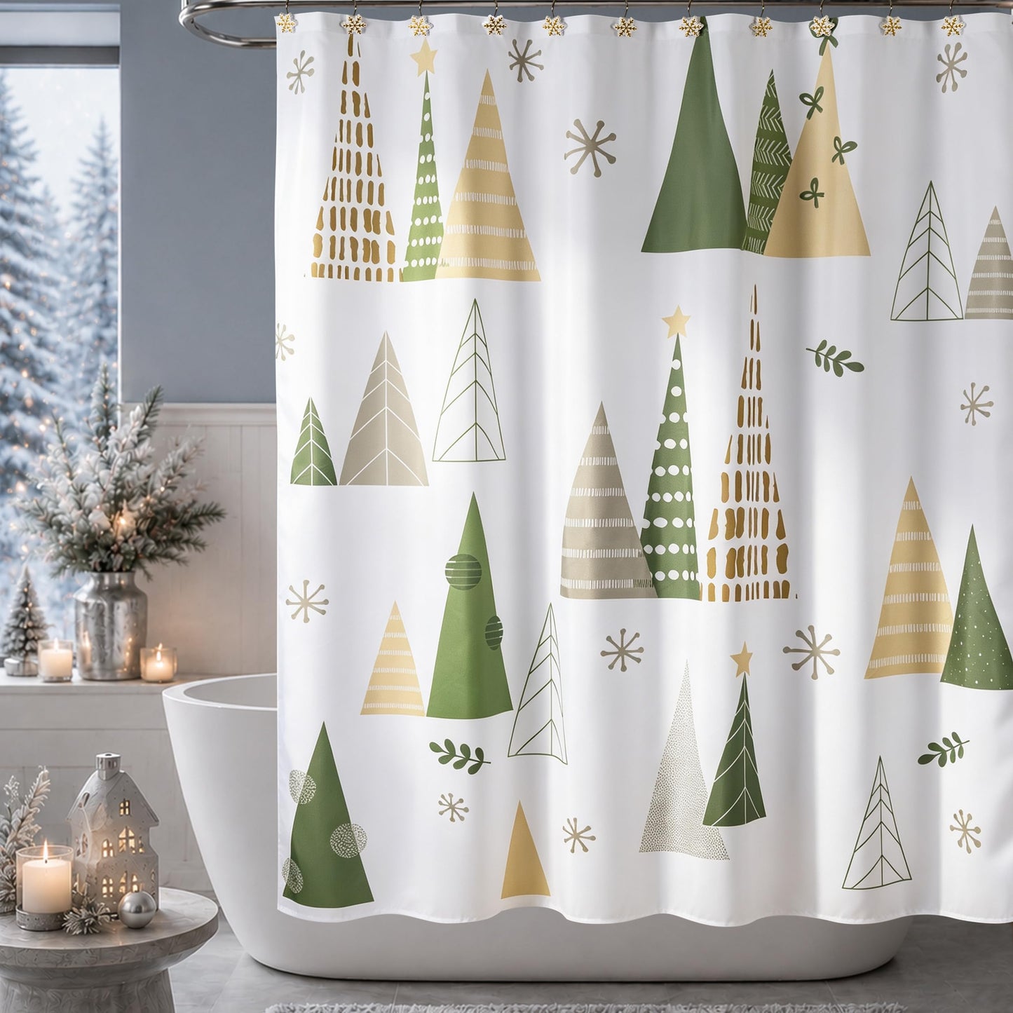 Sunlit Geometric Modern Design Christmas Shower Curtain Christmas Tree Bathroom Home Office Holiday Wall Decoration as Tapestry and Photo Booth Backdrop Red Green White Printed