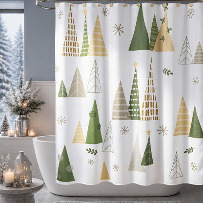 Sunlit Geometric Modern Design Christmas Shower Curtain Christmas Tree Bathroom Home Office Holiday Wall Decoration as Tapestry and Photo Booth Backdrop Red Green White Printed