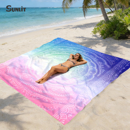 Sunlit Silky Soft Sand Proof Beach Blanket 106"x81" / 85"x72" Sand Proof Mat with Corner Pockets and Mesh Bag for Beach Party, Travel, Camping and Outdoor Music Festival, Mandala