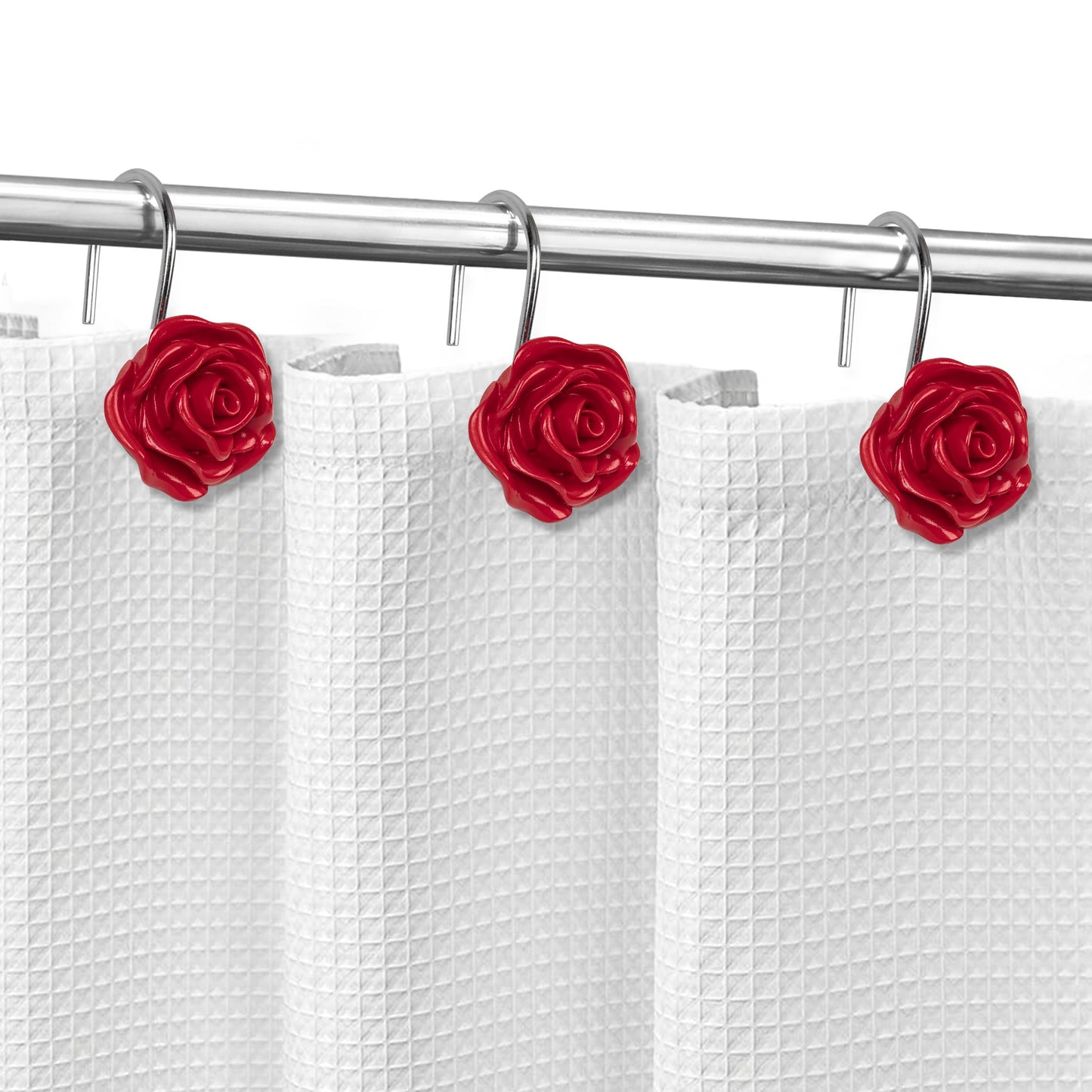 Sunlit Rose Shower Curtain Hooks, Home Decorative Flower Shower Curtain Rings for Bathroom, Resin, Pink Floral Shower Curtain Hanger Hooks for Living Room, Set of 12