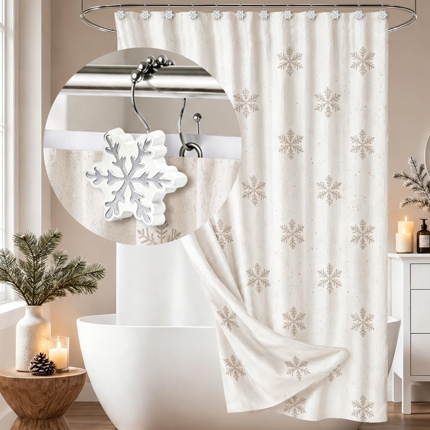 Sunlit Christmas Shower Curtain Hooks Silver Snowflakes Shower Curtain Rings, Resin, White Christmas Decor, Winter Bathroom Decoration - 12 Pack