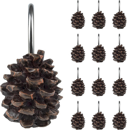 Sunlit Pinecone Decorative Shower Curtain Hooks, Brown Pine Cone Shower Curtain Rings, Resin, Winter Christmas Theme Bathroom Decoration, Set of 12